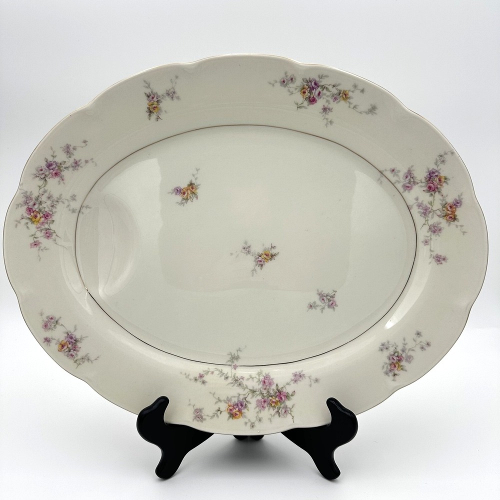 Theodore Haviland Serving Platter 16" Cream Floral Roses Gold Trim Oval Vintage